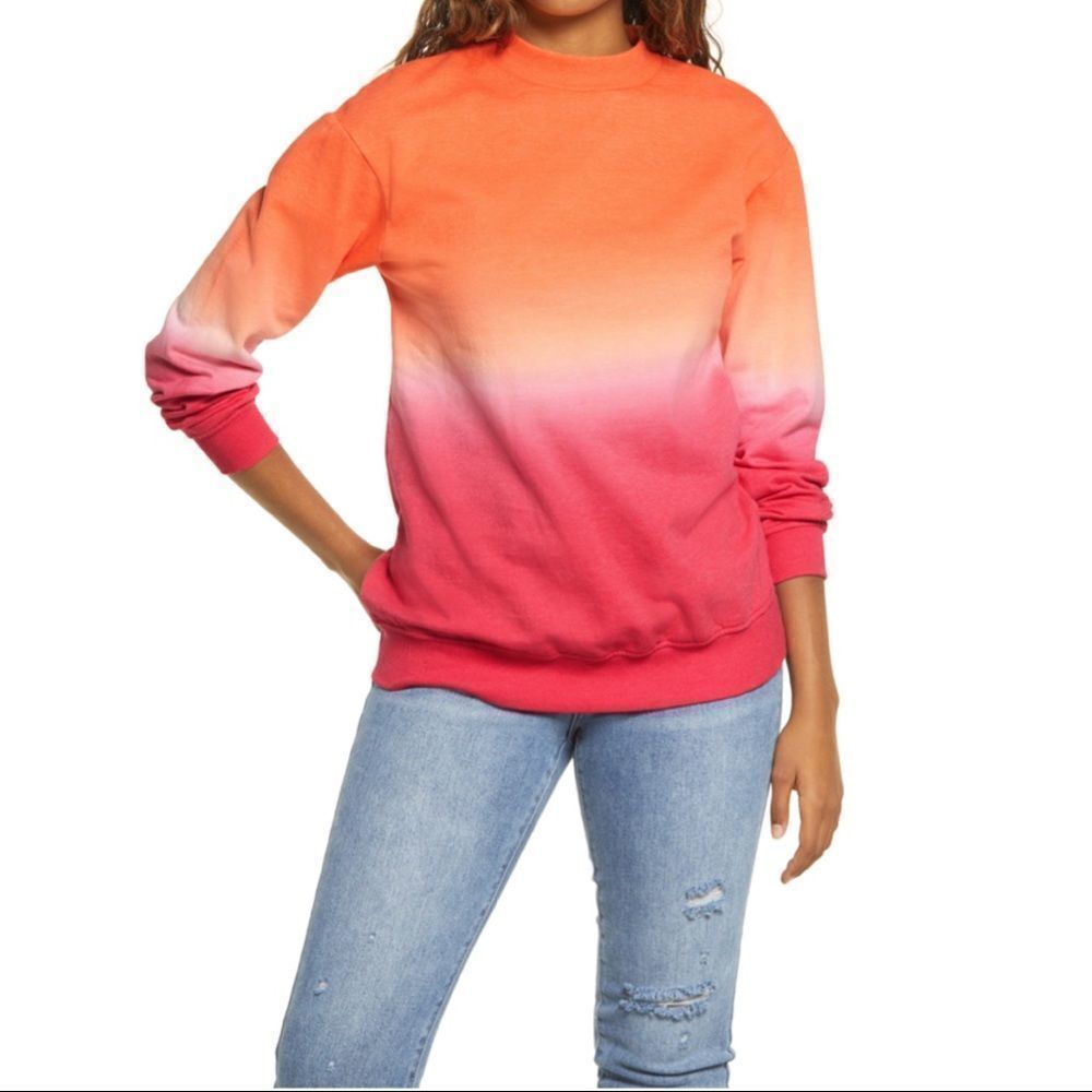 BP. Dip Dye Ombré Sweatshirt Crewneck Cotton Blend In Red Orange
